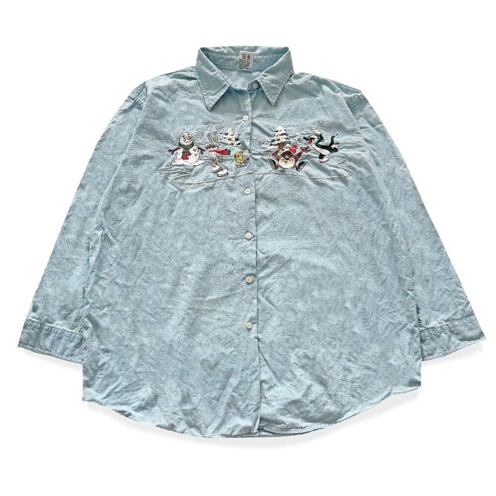 Vintage Looney Tunes, Christmas Denim Button Up Shirt